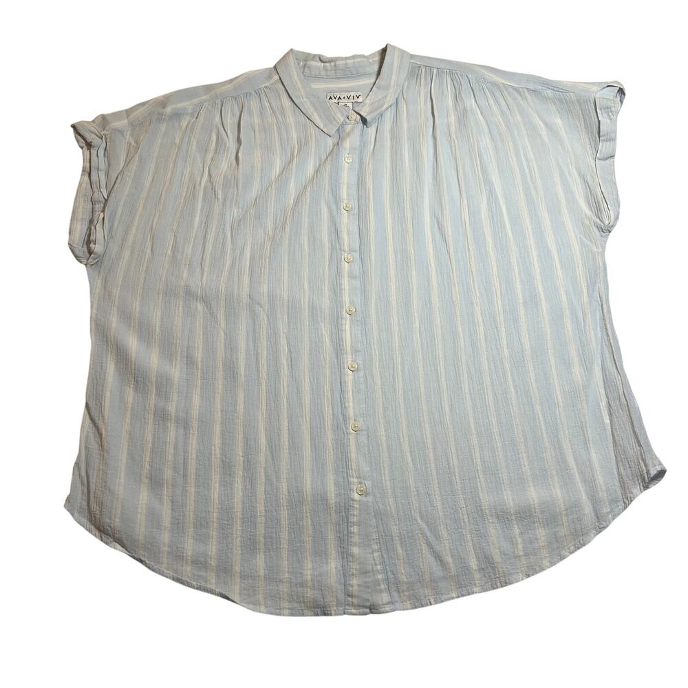 Ava & Viv Stripe Short Sleeve Button Up Shirt Size 2X Cotton Lightweight Coastal